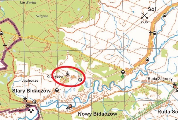 Okolice osady oznaczone na współczesnej mapie Gminy Biłgoraj